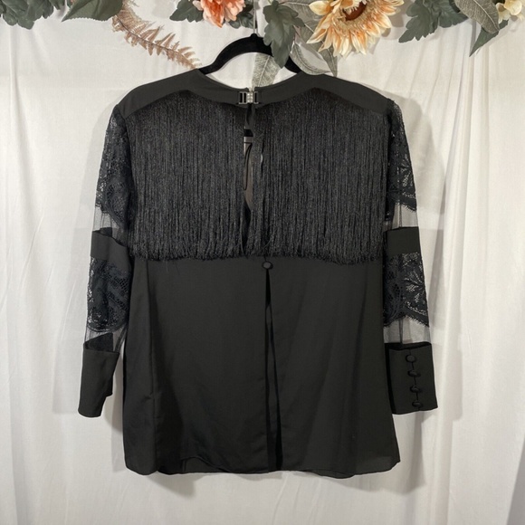 NEW Tadashi Shoji [ 14 ] Felicia Fringe & Lace Blouse Top in‎ Black - Picture 10 of 16